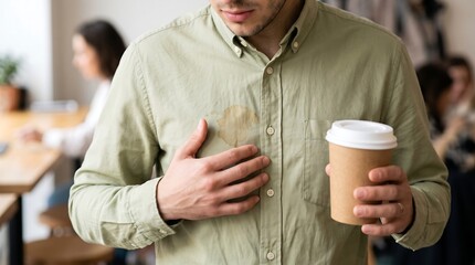 Obraz premium A man reacts with dismay after spilling coffee on his light green shirt, creating a noticeable brown stain on his chest while holding a disposable cup in an indoor setting.