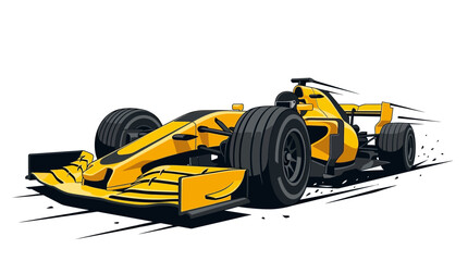 Fototapeta premium Low Angle Vector Illustration of a High-Speed Yellow Formula 1 Racing Car with Aerodynamic Body, Driver in Helmet, and Motion Blur Lines, Isolated on White for Professional Graphic Design