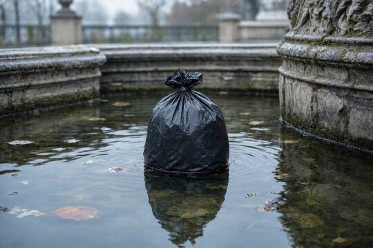 Trash Bag Abandoned Beside a Public Fountain
Garbage Bag Near a City Fountain