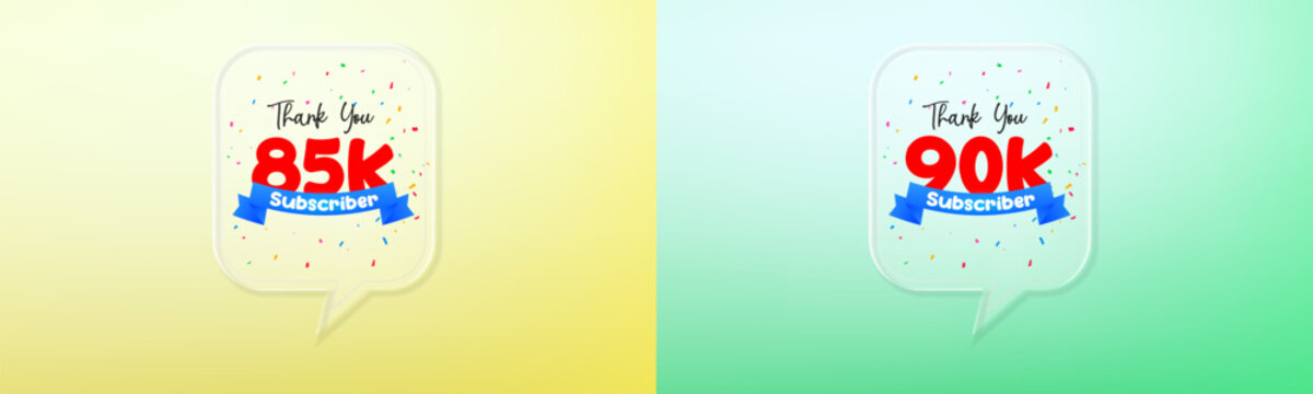 85k and 90k subscribers thank you celebration banner set in glassmorphism