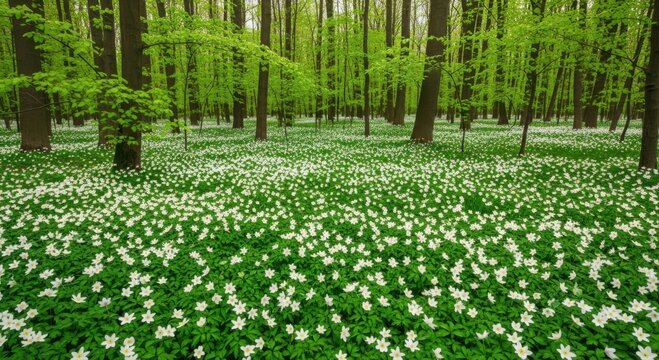 Lush green forest landscape filled with a carpet of white wood anemone flowers blooming under tall deciduous trees during the vibrant spring season in a peaceful woodland environment