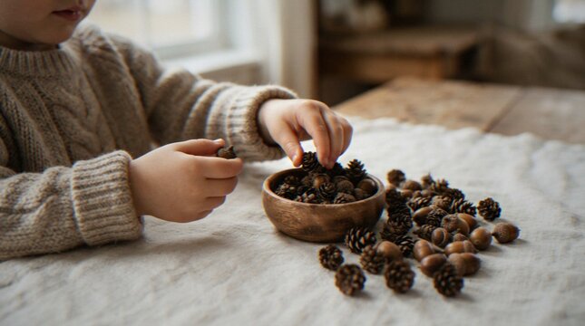 A close-up of a child wearing a cozy beige knitted sweater playing with small pinecones and acorns in a wooden bowl on a light-colored linen tablecloth.