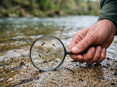 Ecologist Inspecting River Organisms With Magnifying Glass On Shore