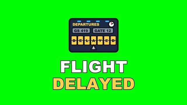 4K green screen FLIGHT DELAYED animated text - the split-flap board landing on the DELAYED status, kinetic typography airport and air travel overlay for travel vlogs and social media, chroma key