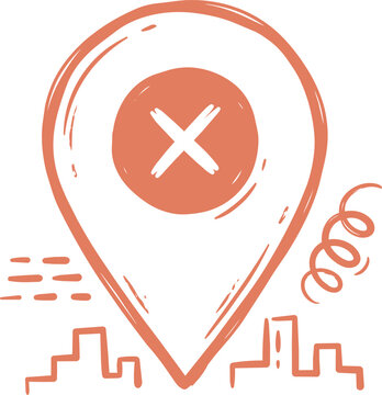 Minimalist hand drawn location pin vector icon with a deletion cross symbol placed over a city skyline silhouette with copy space.