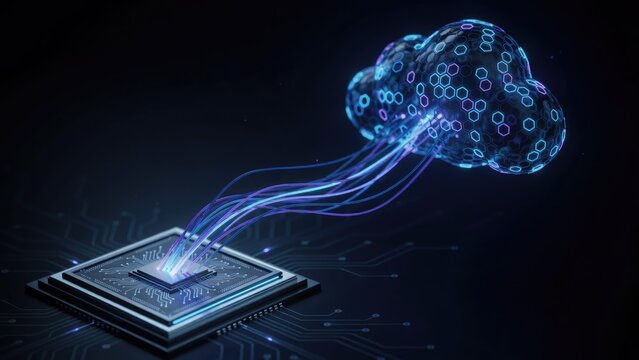 Digital cloud computing concept with glowing data streams and microchip