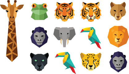Naklejka premium Geometric Low Poly Wild Animal and Bird Avatar Vector Icon Set Featuring Giraffe Tiger Lion Elephant Panther Cheetah Gorilla and Toucan Logos