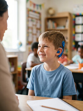 Happy Young Boy With Blue Hearing Device In School