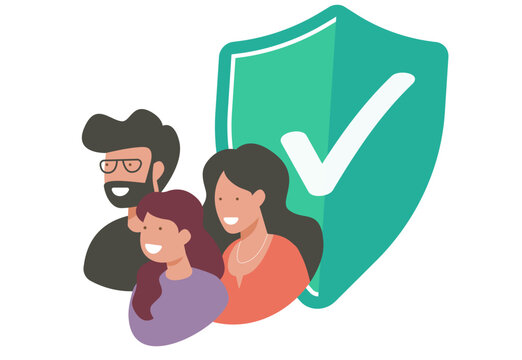 Family life insurance protection shield icon vector graphic illustration drawn doodle style, parents people safety security care guarantee coverage image clip art
