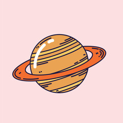 Planet with rings orbits in space represented as a colorful hand-drawn cartoon illustration. © SNDProject