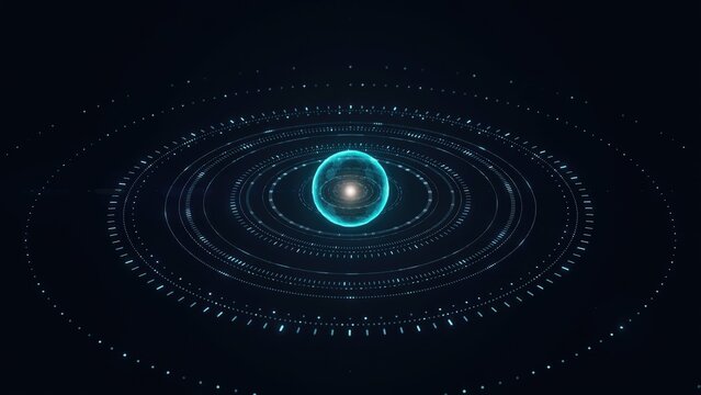 Glowing cyan sphere with concentric orbital rings and data particles
