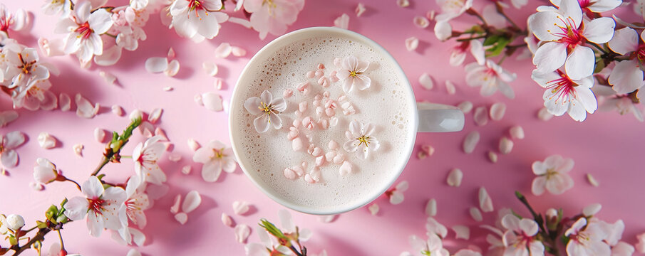 A cup of coffee decorated with cherry blossom flower petals, Prunus serrulata, on a pink background, top view flat lay concept symbolizing spring, freshness, beauty, relaxation, and gentle morning moo