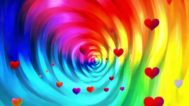 Colorful spiral vortex with floating red hearts in vibrant rainbow swirl, romantic valentine concept, playful love energy, dynamic festive design, cheerful.