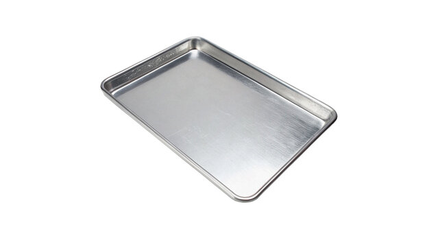 Empty rectangular metallic steel baking sheet tray for kitchen cooking isolated on transparent background