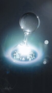 Glowing glass sphere with miniature futuristic city inside on dark background, future technology and science fiction concept