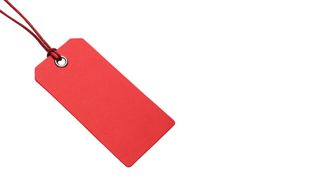 Blank rectangular red paper gift tag label with a hanging string isolated on transparent background