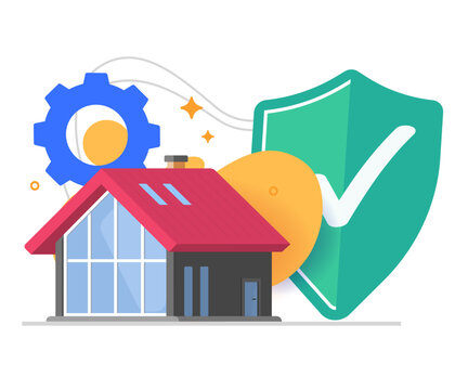 Home insurance automation service icon vector modern graphic drawn cartoon illustration design, hose building secure protection coverage, real estate construction safety guarantee technology
