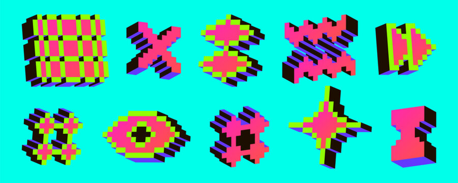 Retro pixel art icons, 3d acid color elements, y2k aesthetic stickers or game graphics on background. Digital 8 bit style vector characters of eye, arrow, star symbol, trendy brutalist designs