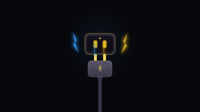 Power plug and wall outlet assembly animation with blue and yellow lightning bolts on dark background for firefighter emergency energy rescue scene