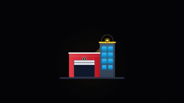 Animated firefighter station with rotating red alert siren light and glowing tower on dark background in seamless 2D loop