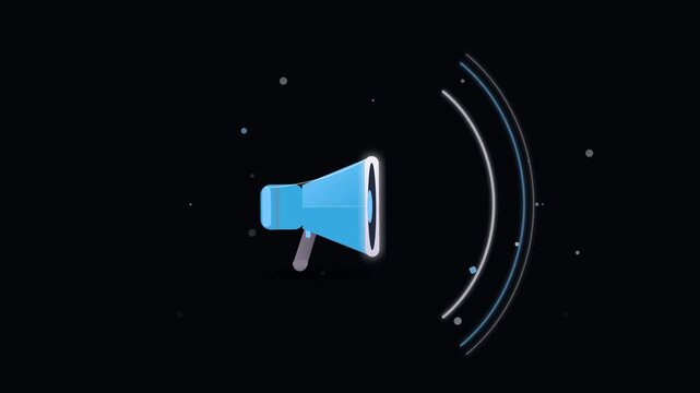 Blue 2D megaphone icon broadcasting emergency alert signal with animated sound waves on dark background for firefighter communication announcement