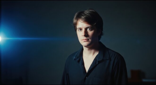 Portrait of a young man with brown hair wearing a dark shirt, standing in a dimly lit room with a bright blue horizontal light flare streak cutting across the frame from the left side