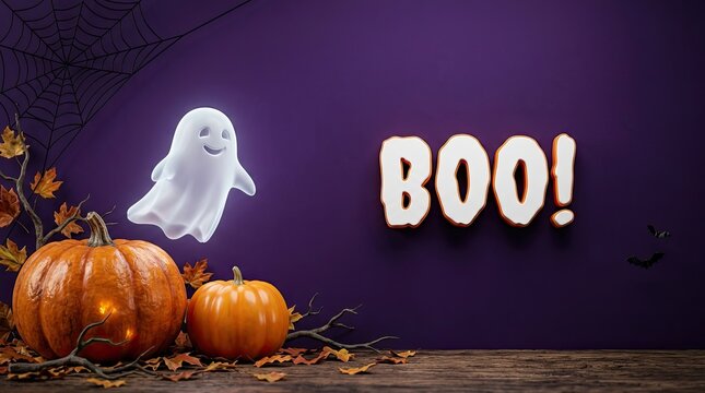 Halloween background featuring a cute ghost floating above orange pumpkins against a dark purple wall with text