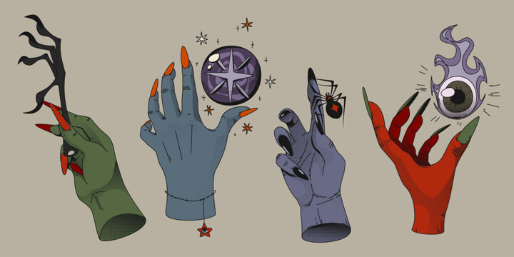 Vector set of witch hands holding magic items. Scary female fingers with spooky spider, chicken foot, esoteric crystal ball and human eye, mystic witchcraft symbols for Halloween horror banner design