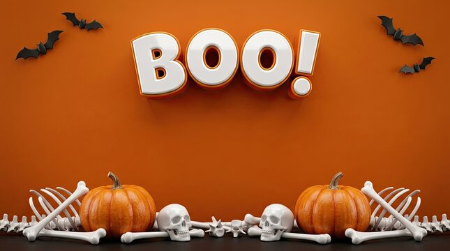 Halloween background with white boo text balloons pumpkins and scattered human bones on a bright orange wall