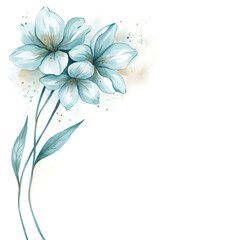 Obraz premium Watercolor painting of light blue flowers with green leaves isolated on a transparent background