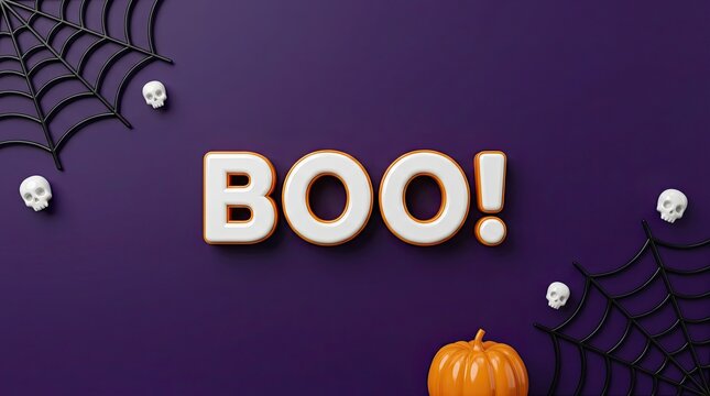 Halloween background with the word boo written in cookies on a purple surface with spiderwebs and pumpkins