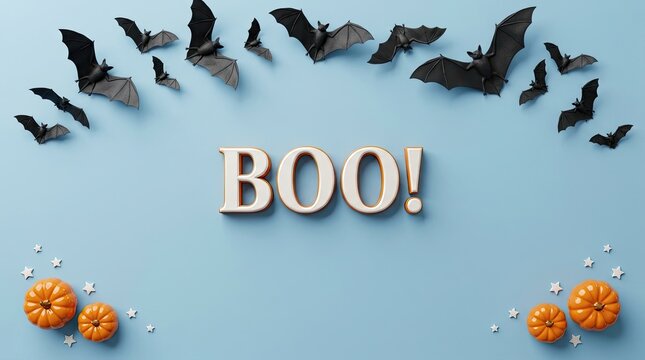 Halloween background with paper bats and small pumpkins surrounding the word boo on a light blue surface