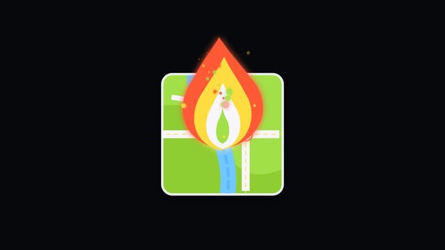 Flame map marker icon flickering animation on firefighter emergency response map location pin flat design 2D loop