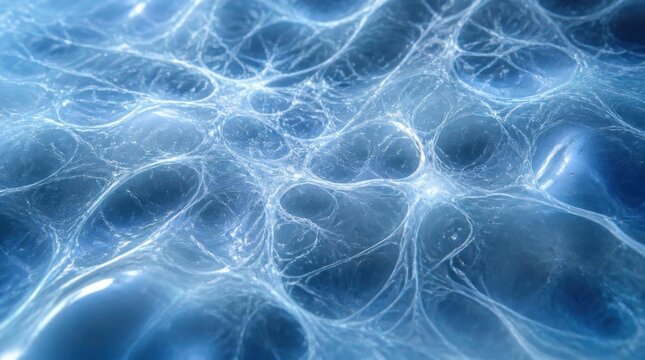 Abstract microscopic cellular structure glowing with blue light and intricate web patterns