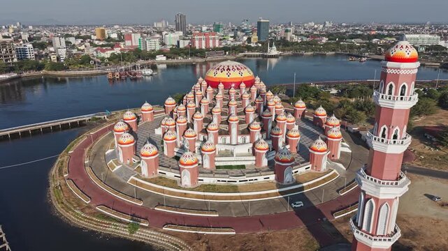 Aerial view of the unique 99 domes mosque in makassar