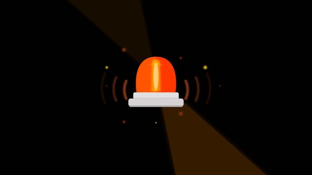 Firefighter emergency alert beacon flashing with rotating light beams and signal waves on dark background animated loop