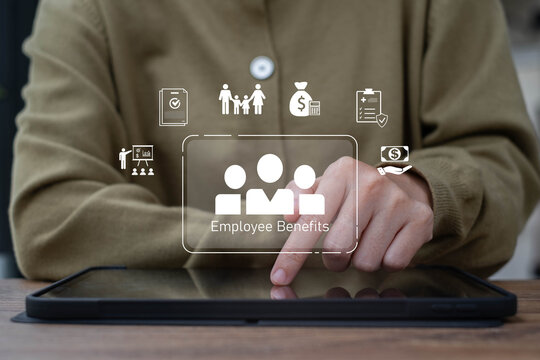 Employee benefits concept showing a professional using a tablet with digital icons for insurance, family support, healthcare, finance, workplace benefits, representing HR services and employee welfare