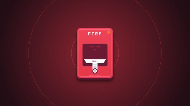 Red firefighter alarm pull station button with flashing siren light and concentric signal rings on dark background animation