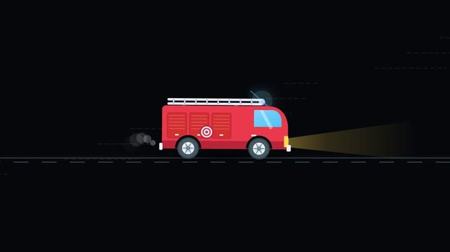 Animated red firefighter fire truck driving sideways with glowing headlight beam on dark background seamless loop 2D motion graphics