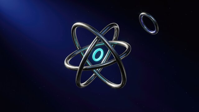 3D atomic model with metallic orbital rings and glowing cyan nucleus