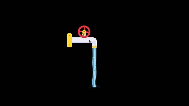 2D animated blue water pipe leaking and dripping downward with prohibition sign at joint on solid black background in flat cartoon style