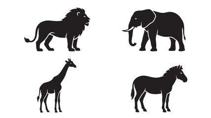 Fototapeta premium Set of wild African animals black silhouettes standing isolated