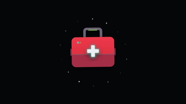 Animated red firefighter first aid kit icon with white medical cross floating and gently rotating against a solid black background with soft particle accents in 2D cartoon style