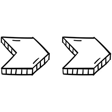Hand drawn 3D double right chevron arrow icon, fast forward direction doodle sketch