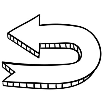 Hand drawn 3D U-turn left arrow icon, hand drawn doodle return direction vector