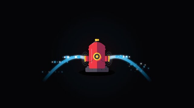 Animated firefighter red fire hydrant spraying blue water streams from both sides on dark background