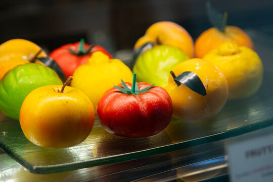 Frutta martorana: Assortment of colorful marzipan fruits, a traditional Sicilian sweet treat.