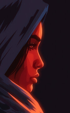 A girl in profile wearing a headscarf. A close-up of a woman's profile. Muslim, Arab woman.
