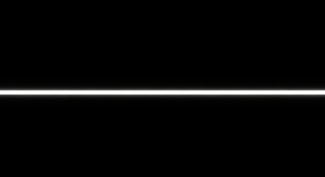 Single horizontal glowing white neon line centered on a solid black background, minimalist light beam effect, bright linear for digital compositions and overlays, simple light streak