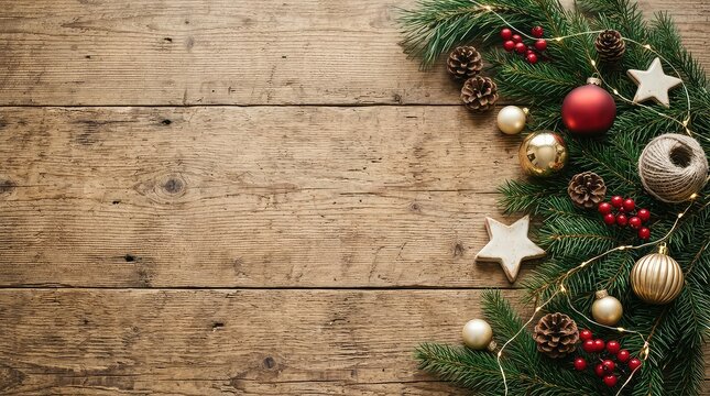 Christmas background with pine branches, ornaments and decorations on wooden table